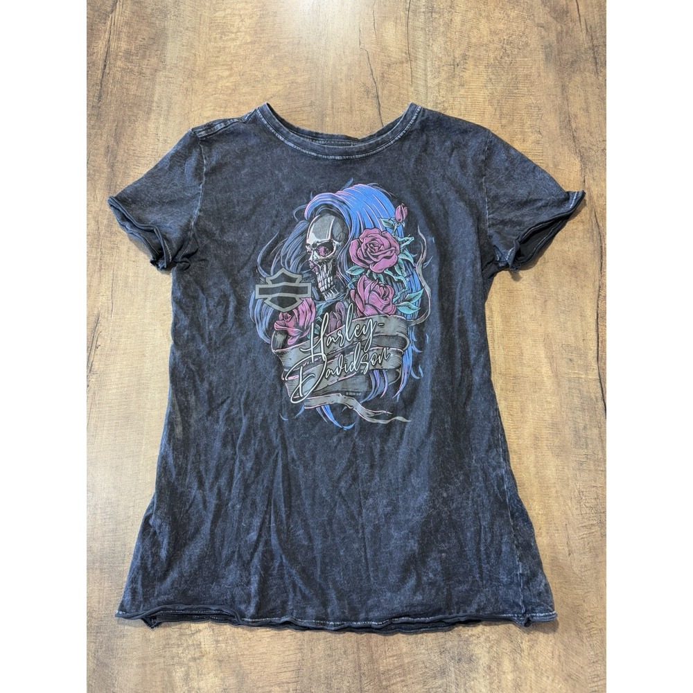 Harley Davidson Women's Rose Skull Banner Short Sleeve Shirt Sz M Savannah GA